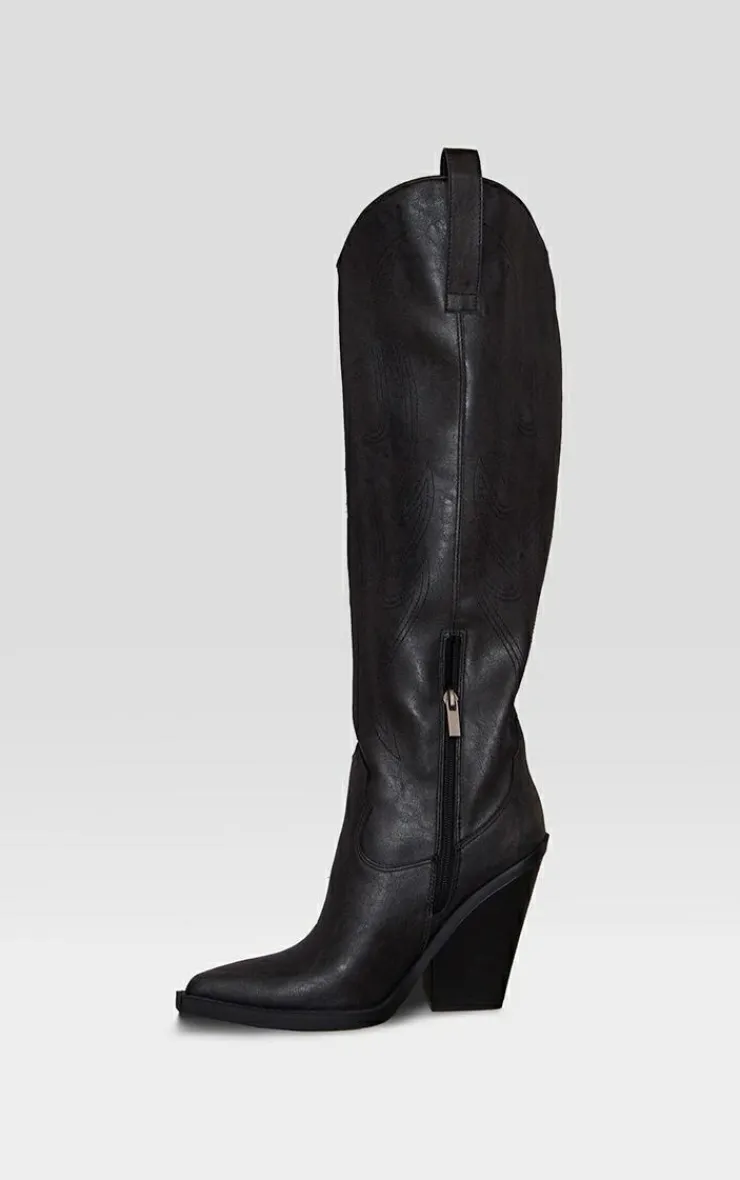 PrettyLittleThing Knee High Boots*Distressed PU Point Toe Knee High Block Heel Western Boots