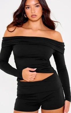 Online PrettyLittleThing Double Contour Jersey Foldover Bardot Long Sleeve Top Black