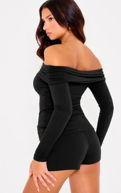 Online PrettyLittleThing Double Contour Jersey Foldover Bardot Long Sleeve Top Black