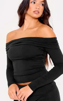 Online PrettyLittleThing Double Contour Jersey Foldover Bardot Long Sleeve Top Black