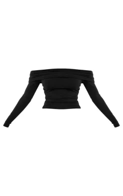 Online PrettyLittleThing Double Contour Jersey Foldover Bardot Long Sleeve Top Black