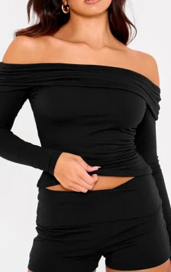 Outlet PrettyLittleThing Double Contour Jersey Foldover Hot Pants Black