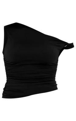 Discount PrettyLittleThing Double Contour Jersey Twist Shoulder Ruched Top Black