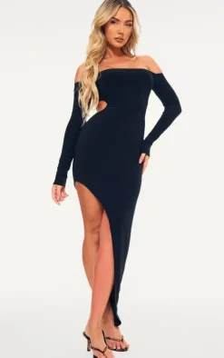 Double Layer Long Sleeve Bardot Cut Out Midi Dress-PrettyLittleThing Online