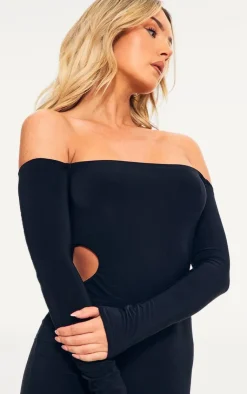 Double Layer Long Sleeve Bardot Cut Out Midi Dress-PrettyLittleThing Online