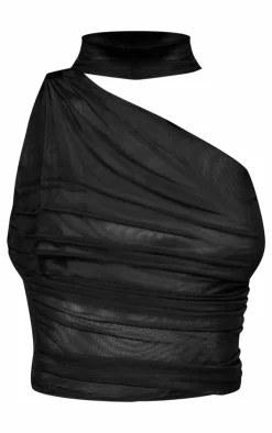 Clearance PrettyLittleThing Double Layer Mesh Asymmetrical Ruched Detail Top Black