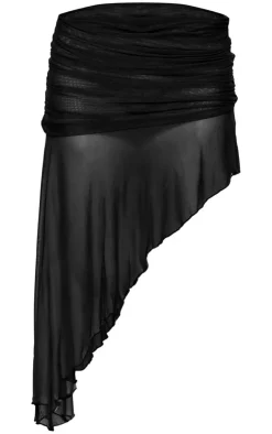 Online PrettyLittleThing Double Layer Mesh Asymmetrical Ruched Detail Midaxi Skirt Black
