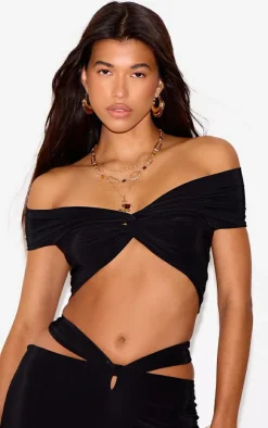 Outlet PrettyLittleThing Double Layer Slinky Twist Crop Top Black