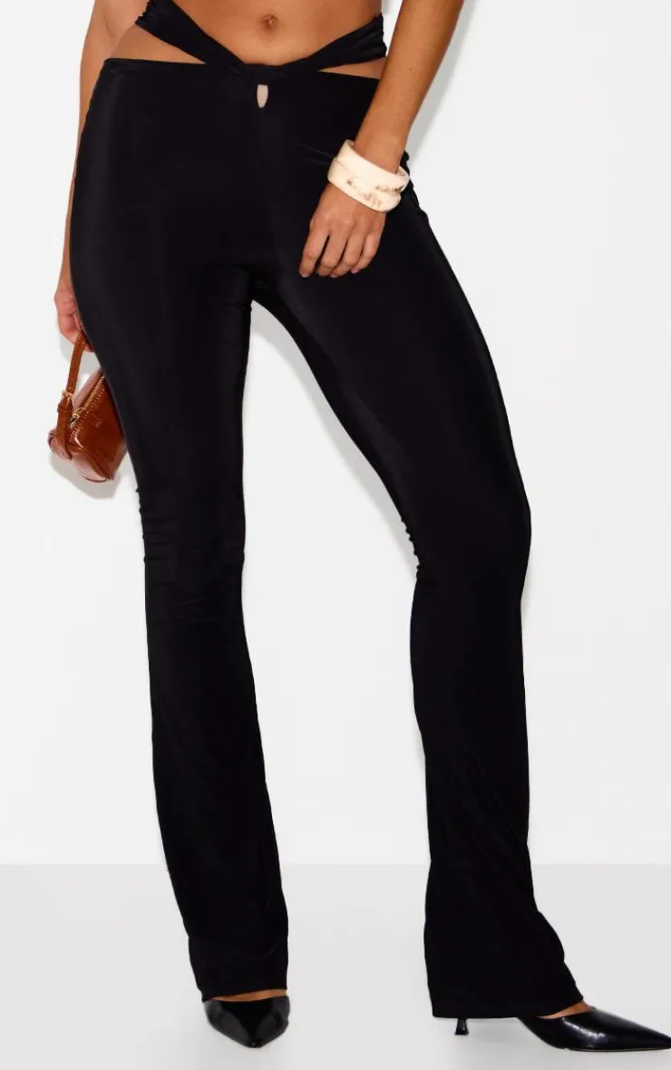 Sale PrettyLittleThing Double Layer Slinky Twist Flare Pants Black