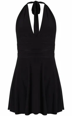 Double Layer Slinky Halter Neck Tie Back Shift Dress-PrettyLittleThing