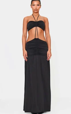 Double Layer Slinky Tie Neck Cut Out Maxi Dress-PrettyLittleThing New