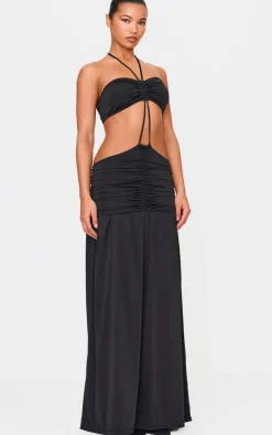 Double Layer Slinky Tie Neck Cut Out Maxi Dress-PrettyLittleThing New