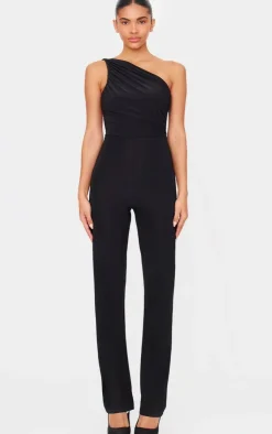 Double Layer Slinky Asymmetric Ruched Detail Jumpsuit-PrettyLittleThing Hot