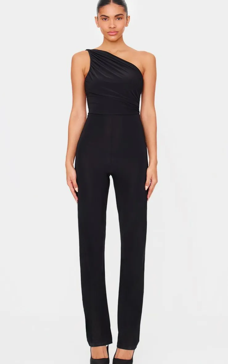 Double Layer Slinky Asymmetric Ruched Detail Jumpsuit-PrettyLittleThing Hot