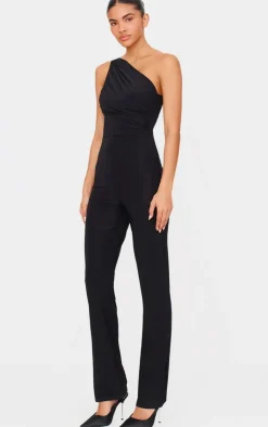 Double Layer Slinky Asymmetric Ruched Detail Jumpsuit-PrettyLittleThing Hot
