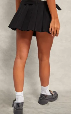 Black Double Waistband Belted Skater Skirt