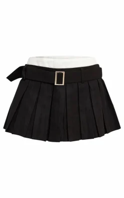 Black Double Waistband Belted Skater Skirt