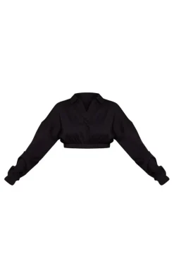 Black Elasticated Hem V Neck Crop Sweatshirt