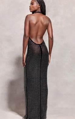 Embellished Mesh Backless High Neck Maxi Dress-PrettyLittleThing Clearance