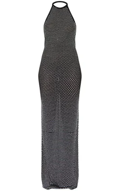 Embellished Mesh Backless High Neck Maxi Dress-PrettyLittleThing Clearance