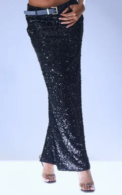 PrettyLittleThing Embellished Sequin Belt Detail Low Rise Midaxi Skirt Black