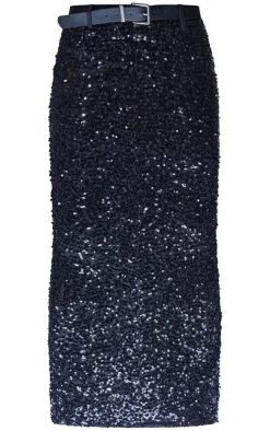 PrettyLittleThing Embellished Sequin Belt Detail Low Rise Midaxi Skirt Black