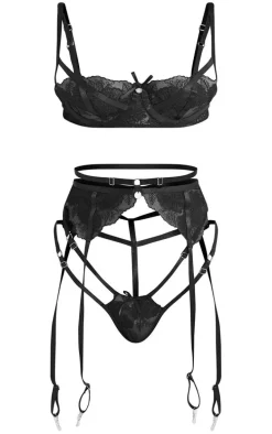 Black Embroidered Floral Lace 3 Piece Lingerie Set