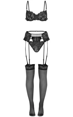 PrettyLittleThing Christmas Shop*Embroidered Underwired Mesh 3 Piece Lingerie Set