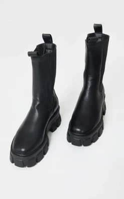 PrettyLittleThing Black Boots*Extreme Chunky Sole Calf High Chelsea Boots