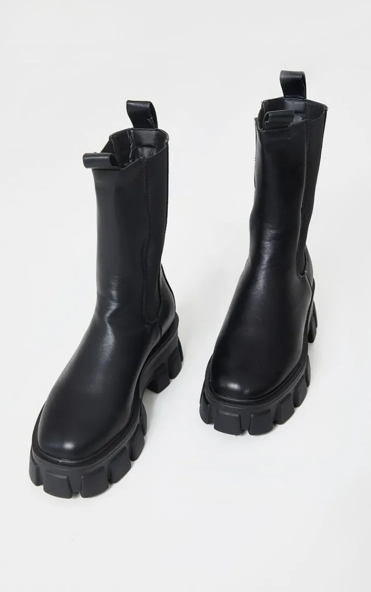 PrettyLittleThing Black Boots*Extreme Chunky Sole Calf High Chelsea Boots