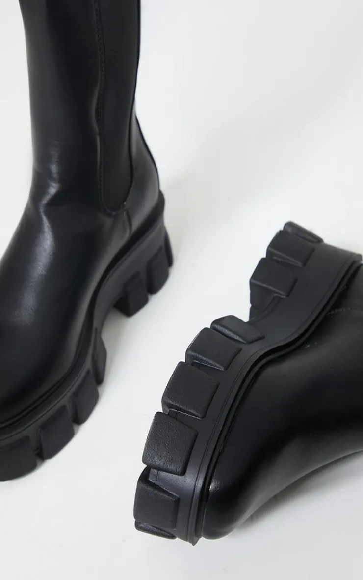 PrettyLittleThing Black Boots*Extreme Chunky Sole Calf High Chelsea Boots