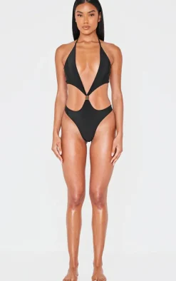 Black Extreme Cut Out Gold Trim Halter Tie Swimsuit