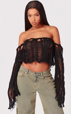 PrettyLittleThing Knitted Tops*Extreme Distressed Knit Ladder Top