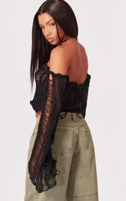 PrettyLittleThing Knitted Tops*Extreme Distressed Knit Ladder Top