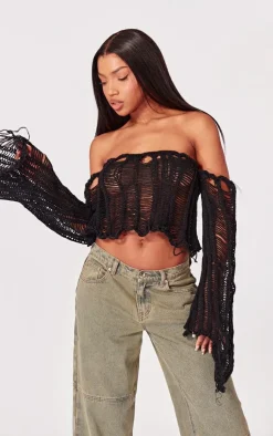PrettyLittleThing Knitted Tops*Extreme Distressed Knit Ladder Top