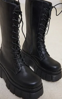 PrettyLittleThing Black Boots*Extreme Flatform Sole Calf High Biker Boots
