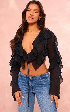PrettyLittleThing Blouses*Extreme Frill Tie Front Flare Sleeve Blouse