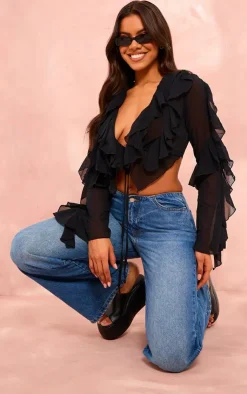 PrettyLittleThing Blouses*Extreme Frill Tie Front Flare Sleeve Blouse