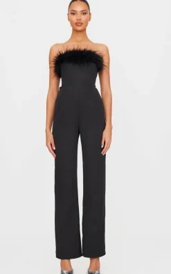 PrettyLittleThing Christmas Party Outfits*Faux Fur Bandeau Straight Leg Jumpsuit