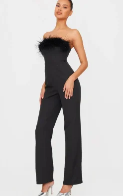 PrettyLittleThing Christmas Party Outfits*Faux Fur Bandeau Straight Leg Jumpsuit