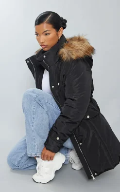 PrettyLittleThing Faux Fur Coats*Faux Fur Hooded Elasticated Waist Longline Parka