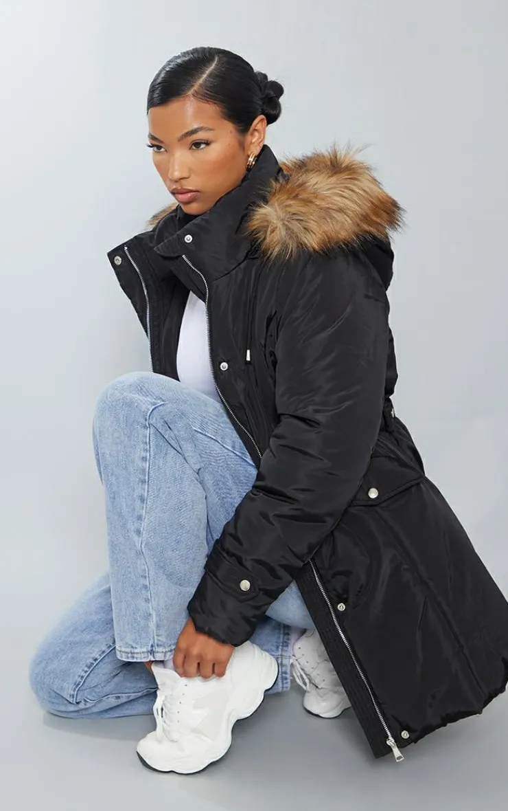 PrettyLittleThing Faux Fur Coats*Faux Fur Hooded Elasticated Waist Longline Parka