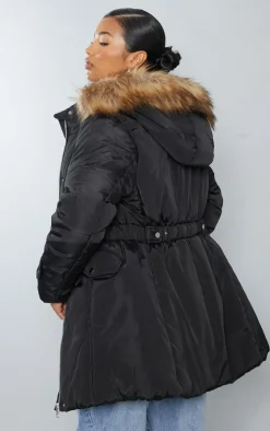 PrettyLittleThing Faux Fur Coats*Faux Fur Hooded Elasticated Waist Longline Parka