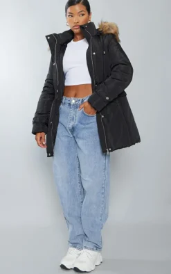PrettyLittleThing Faux Fur Coats*Faux Fur Hooded Elasticated Waist Longline Parka