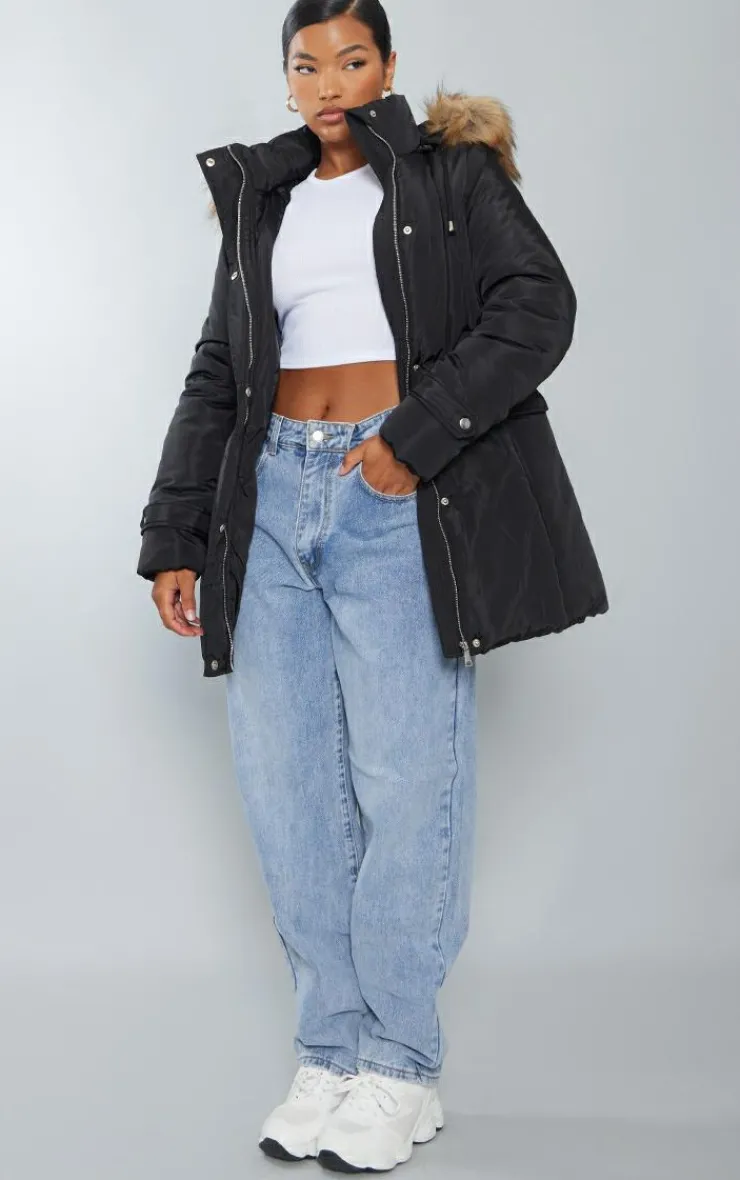 PrettyLittleThing Faux Fur Coats*Faux Fur Hooded Elasticated Waist Longline Parka