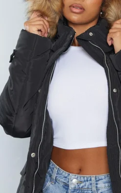 PrettyLittleThing Faux Fur Coats*Faux Fur Hooded Elasticated Waist Longline Parka