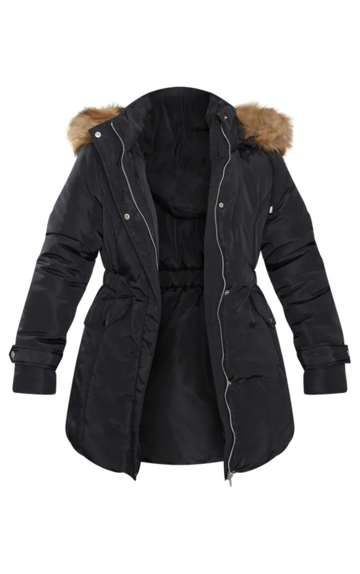 PrettyLittleThing Faux Fur Coats*Faux Fur Hooded Elasticated Waist Longline Parka