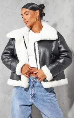 PrettyLittleThing Aviator Jackets*Faux Fur Lined Faux Leather Buckled Aviator Jacket