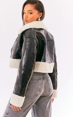 PrettyLittleThing Aviator Jackets*Faux Fur Trim Buckle Collar Vinyl Cropped Jacket