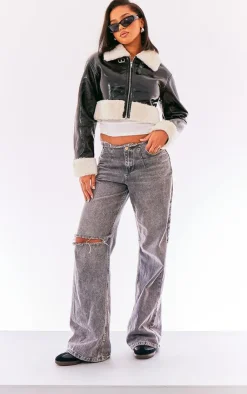 PrettyLittleThing Aviator Jackets*Faux Fur Trim Buckle Collar Vinyl Cropped Jacket